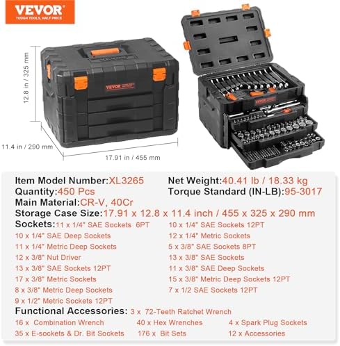 VEVOR Mechanics Tool Set and Socket Set, 1/4" 3/8" 1/2" Drive Deep and Standard Sockets, 450 Pcs SAE and Metric Mechanic Tool Kit with Bits, Hex Wrenches, Combination Wrench, Accessories, Storage Case - Image 6