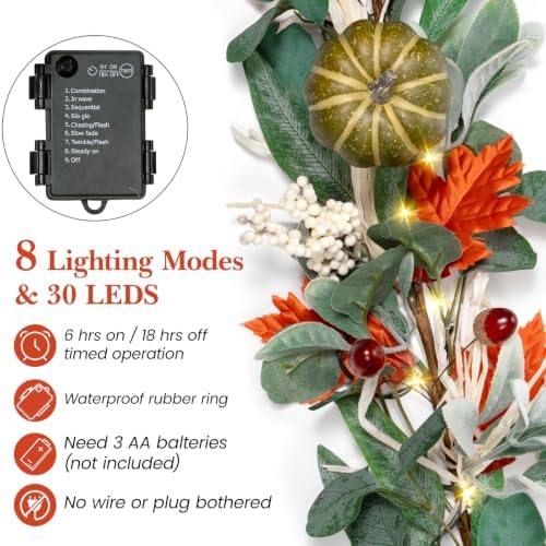 6FT Lighted Handcrafted Fall Garland, 30 LED Lights & 8-Mode Auto Timer - Image 4