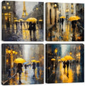 Abstract Wall Art Modern Rain Canvas Prints Decor Girls Umbrella Walking in Street Figure Artwork for Living Room Yellow Dusk Paris Landscape Pictures Couple Bedroom Bathroom Home Decoration 20x20" 4P by sunfrower