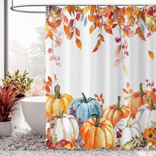 Fall Pumpkin Shower Curtain, Colorful Watercolor Autumn Pumpkins Maple Leaves on The Top Thanksgiving Day Harvest Bathroom Curtain Waterproof Fabric Machine Washable with Hooks, 72" Wx84 L - Image 2