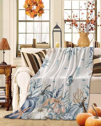 DecorLovee Blue Coastal Fall Blanket 40"x60", Reversible Pumpkins Thanksgiving Throw Blanket for Couch/Bed, Botanical Starfish Lightweight Soft Throw Blanket for Boys, Warm Fuzzy Blankets for Winter - Image 2