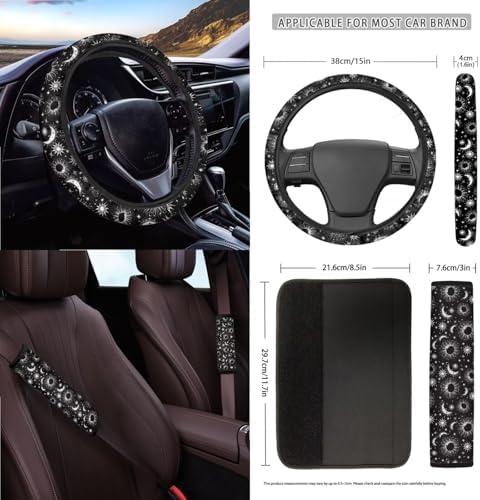 Celestial Sun Moon Stars Print Car Seat Covers 15Pcs Full Set Car Steering Wheel Cover Seat Belt Cover Trash Bin Air Vent Storage Box Rear View Mirror Car Cup Holder Keychain