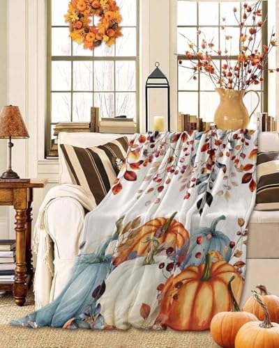 DecorLovee Fall Orange Blue Pumpkins Blanket 60"x80", Reversible Thanksgiving Throw Blanket for Couch/Bed, Vintage Botanical Lightweight Soft Throw Blankets for Men, Warm Fuzzy Blankets for Winter - Image 2