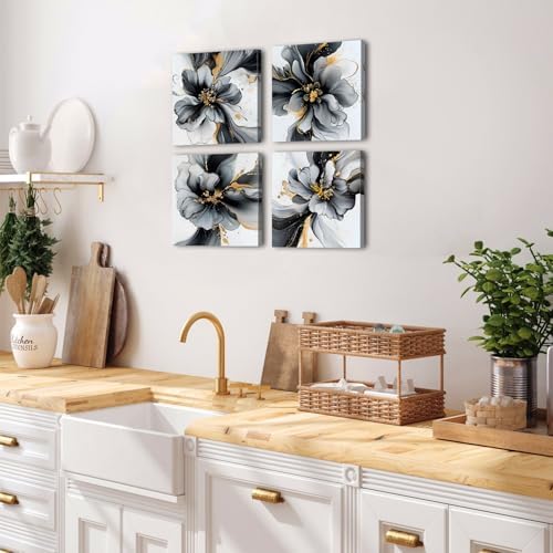 Black and White Abstract Wall Art Framed Marble Flowers Pictures for Living Room Bathroom Wall Decor Gold Foil Fluid Lines Posters Prints Neutral Minimalist Ink Painting Home Decorations 16x16 4 Pcs - Image 5