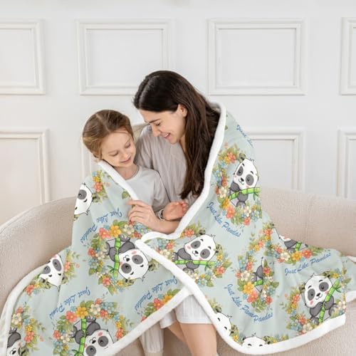 Cute Kawaii Panda Sherpa Blanket Cartoon Wild Animal Pandas Throw Blanket Bedroom Living Room Soft Cozy Green Leaves Print Blankets Decor for Bed Couch Sofa Green Black White Flannel Blankets 30"x40" - Image 2