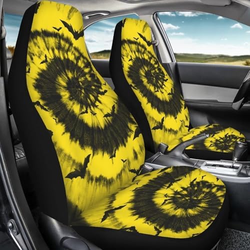 Yellow Black Tie Dye Black Halloween Print 2 PCS Cool Graphic Car Seat Covers Unique Print Front Auto Seat Cover,Car Bucket Seats Protector Covers Universal fit for SUV Sedan Van