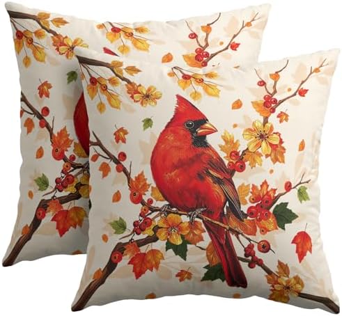 Fall Red Cardinal Bird Pillow Covers 18x18 Set of 2 Autumn Orange Thanksgiving Maple Leaves Outdoor Throw Pillows Covers Tree Holiday Decorative Farmhouse Cushion Case for Living Room Couch Sofa by Unknown