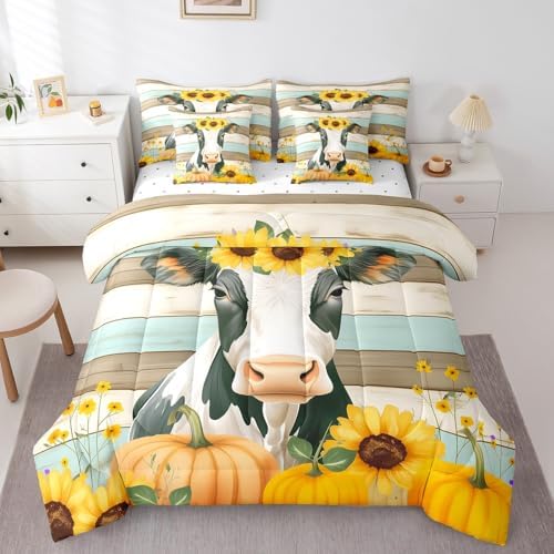 Erosebridal Milk Cow Full Comforter Set - 7 Pieces Yellow Sunflower Thanksgiving Pumpkin Bedding Sets Full Bed in a Bag with Reversible Cowboys Farm Animals Comforter,Sheets,Pillowcases & Shams by Erosebridal