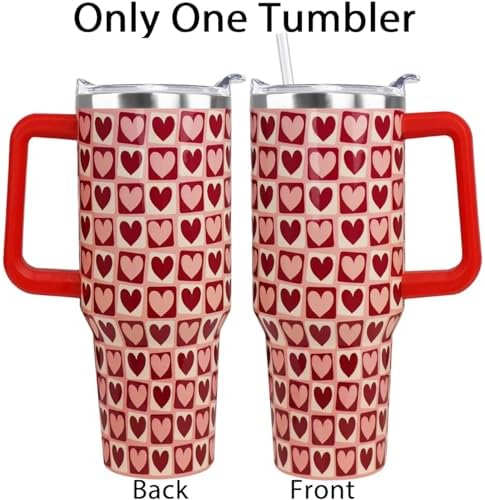 Valentines Tumbler 40oz Love Heart Tumbler Coffee Mugs Buffalo Check Heart Leak Proof Cups with Handle and Straw Stainless Steel Insulated Water Bottle for Valentine Decor Gifts for Women Her(1PCS) - Image 3