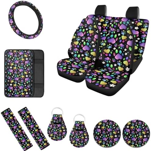 Dog Paw Car Seat Covers 12 Pcs Colorful Dog Paw Love Heart Car Seat Covers Front Rear Seat Protection with White Daisy,15 Inch Steering Wheel CoverSeatbelt Pad Keys Cup Pad Interior Sets