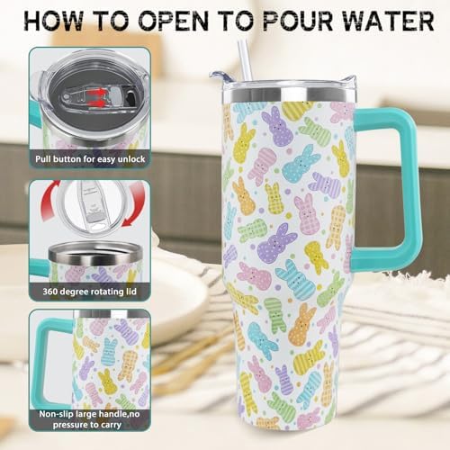 Easter Tumbler 40 oz Colorful Bunny Peeps Coffee Travel Mug Stainless Steel Rabbit Insulated Cup with Handle and Straw Spring Happy Easter Decor Gifts for Women - Image 6