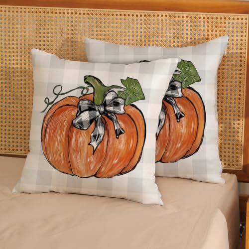Fall Orange Pumpkin Pillow Covers 18x18 Set of 2 Grey Buffalo Plaid - Image 3