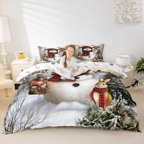 Manfei Kawaii Snowman Kids Duvet Cover Set Queen Size,Rabbit Bird Winter Poinsettia Bedding Set,Pine Tree Xmas Animal Snowflake Room Decor,Gray Green Quilt Cover,2 Pillowcases(No Comforter) - Image 3