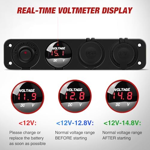 Nilight 4 in 1 ON/Off Charger Socket Panel Dual USB Power Outlet LED Voltmeter Cigarette Lighter Socket Lighted ON Off Rocker Toggle Switch for Truck Car Marine Boats RV,2 Years Warranty