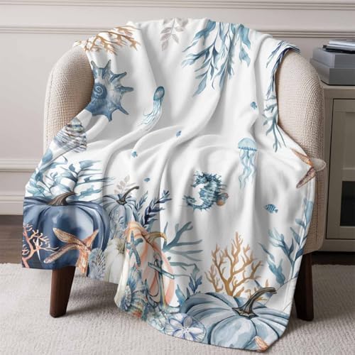 DecorLovee Blue Coastal Fall Blanket 50"x80", Reversible Pumpkins Thanksgiving Throw Blanket for Couch/Bed, Botanical Starfish Lightweight Soft Throw Blankets for Adult, Warm Fuzzy Blankets for Winter - Image 6