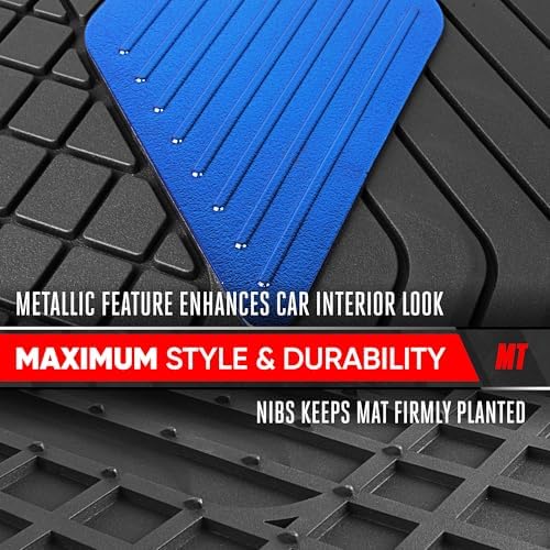 Motor Trend MetallicGuard Car Floor Mats Full Set - Durable Rubber Floor Mats with Blue Metallic Heel Pad, All-Weather Interior Protection for Front and Rear with Non-Slip Backing