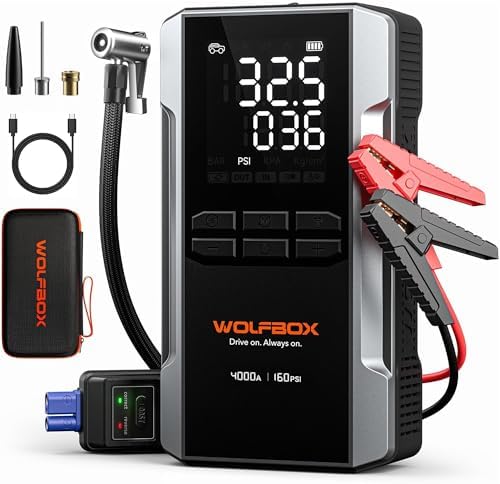 WOLFBOX MV24A 4000A Jump Starter with 160PSI Air Compressor, 12V Car Battery Booster, 88.8Wh Portable Jump Box (10L Gas/10L Diesel) with 65W Fast Charging, Tire Inflator, Jumper Cables, LED Light by WOLFBOX
