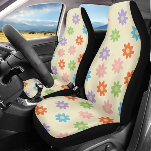 2 Pack Aesthetic Hippie Flower Car Seat Covers for Women,70S 80S Boho Groovy Floral Seat Cover for Front Seats,Washable Non Slip Comfy Seat Cushion Universal Fit SUV Truck Vehicle