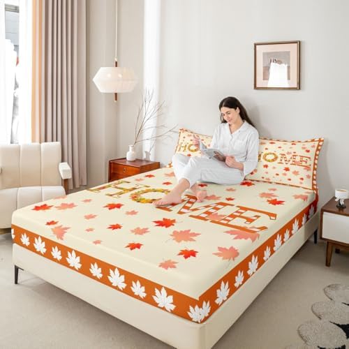 Maple Leaf Pumpkin Wreath Twin Thanksgiving Bedroom Decor Set - Sheets, Rustic Farmhouse Bedding, Fitted Sheet, Orange Flat Sheet, Pillow Case - Image 7
