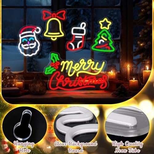 5 Pcs Christmas Neon Sign Merry Christmas Santa Claus Bells Xmas Tree LED Lights Winter Neon Lights USB Window Wall Bar Living Room Decor for Winter Xmas Party Holiday Night Bedroom Gifts - Image 5
