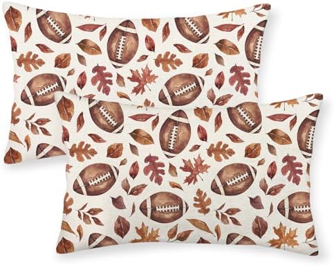 Fall Pillow Covers 12x20 Set of 2 Orange Maple Leaf Football Pillow Cases Autumn Thanksgiving Outdoor Fall Decoration Throw Pillows Linen Farmhouse Lumbar Cushion Covers for Couch Home Decor by Gohdiwh