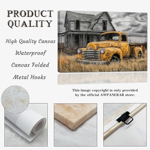 AWPANERAR Rustic Farmhouse Wall Decor Old Truck Canvas Print Car Painting Vintage Truck Poster Living Room Decor Frame (Yellow, (28.00" x 42.00")) - Image 6