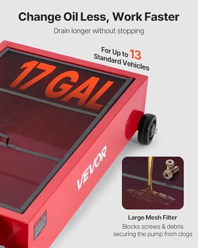 VEVOR Low Profile Oil Drain Pan, 17 Gal Capacity, Rolling Oil Drain Pan with 110V High-Flow Electric Pump, 7.2 ft Hose & T Folding Handle, Leak-Proof & Corrosion-Resistant, Fit for Trucks, ATVs, Red - Image 3
