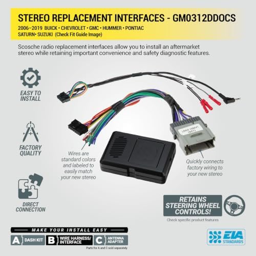 Scosche GM0312DDOCS Double DIN Radio Installation Kit Compatible with Select 1994-2012 General Motors Vehicles - Complete Car Stereo Install Kit with Steering Wheel Controls - See Fit Guide in Images