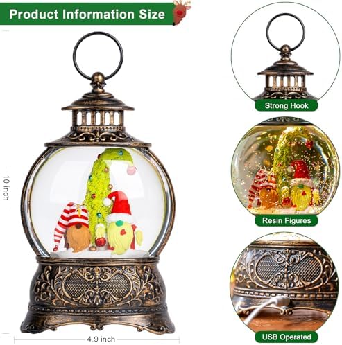 Christmas Snow Globes Christmas Water Lantern with Gnome Whimsical Christmas Tree, Music & 6H Timer, USB Lined/Battery Operated Lighted Lanterns for Xmas Festival Decoration Gifts - Image 5
