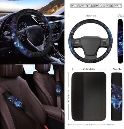 Wolf Galaxy Forest Print Car Seat Covers 15Pcs Full Set Car Steering Wheel Cover Seat Belt Cover Trash Bin Air Vent Storage Box Rear View Mirror Car Cup Holder Keychain