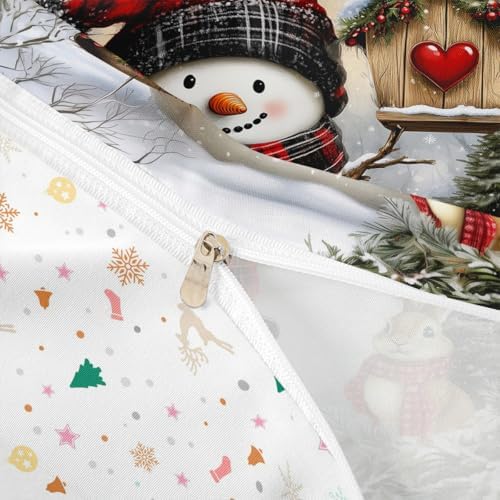 Manfei Kawaii Snowman Kids Duvet Cover Set Queen Size,Rabbit Bird Winter Poinsettia Bedding Set,Pine Tree Xmas Animal Snowflake Room Decor,Gray Green Quilt Cover,2 Pillowcases(No Comforter) - Image 6