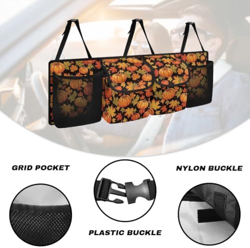 Fall Pumpkin Maple Leaf Print Car Trunk Organizer Car Backseat Storage Bag with 4 Pockets Hanging Trunk Cargo Storage Universal Auto Accessories for Sedans SUV Trucks Van