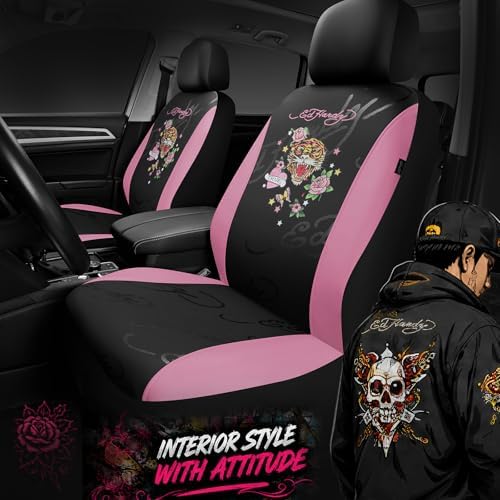 ED HARDY Tiger Print Car Seat Covers, Pink Premium Leather Front Seat Covers, Universal Fit Automotive Covers for Most Cars, Trucks & SUVs, Airbag Compatible, Waterproof, Scratch Resistant