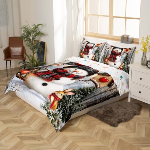Manfei Kawaii Snowman Kids Duvet Cover Set Queen Size,Rabbit Bird Winter Poinsettia Bedding Set,Pine Tree Xmas Animal Snowflake Room Decor,Gray Green Quilt Cover,2 Pillowcases(No Comforter) - Image 5