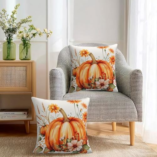 KiuLoam Fall Orange Pumpkin Pillow Covers 18x18 Inch Set of 2, Floral Autumn Thanksgiving Print Decorative Throw Pillows, Rustic Farmhouse Outdoor Cushion Covers for Living Room Sofa Couch Bedroom - Image 3