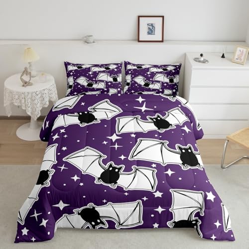 Feelyou Halloween Bedding Set for Girls Boys Kids Queen Size Black Bats Animal Print Silhouette Comforter Cover Room Decor Happy Holiday Cute Star Print Luxury Duvet Cover Light Purple Quilt Set by Feelyou