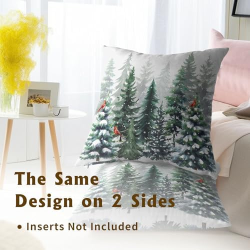 Winter Watercolor Snowflake Throw Pillow Covers 12X12 Inches Set of 2 Green Pine Tree Forest Red Bird Pillowcase Soft Cotton Square Cushion Covers for Home Sofa Bedroom Decoration - Image 5