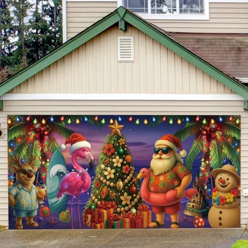 Preboun Summer Christmas Beach Garage Door Banner Cover Santa Flamingo - Image 3