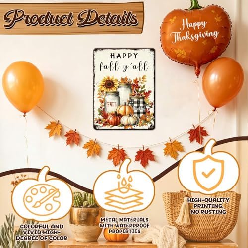 Thanksgiving Day Retro Tin Sign Happy Fall Y'all Metal Wall Art for Studios Home Office Hotel Restaurant Patio 12x16Inch - Image 3