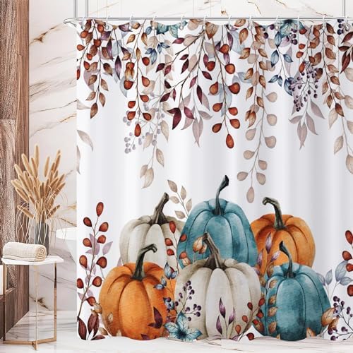 Fall Shower Curtain, Watercolor Autumn Leaves Pumpkins Harvest Fruits Thanksgiving Day Bathroom Curtain Waterproof Fabric Machine Washable with Hooks, 72" Wx72 L - Image 2
