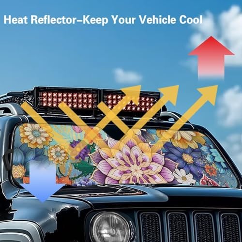 Renewold Car Front Window Sun Shade Automotive Windshield Sunshade for Jeep Wrangler JK JKU JL JLU 2/4 Door Gladiator JT 2020-2023 Boho Flower Auto Sun Blocker Visor Protector Shield Car Accessories