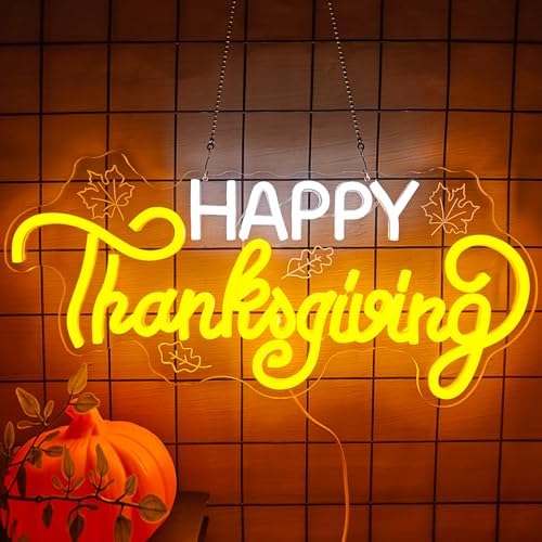 Happy Thanksgiving Neon Signs for Wall Decor Dimmable Fall Carved Maple Leaves Led Sign Thanks giving Window Lights Harvest Festival Party Decorations Gift by hhuohuona