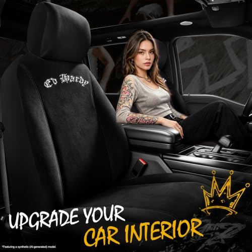ED HARDY Car Seat Covers, Black Soft Short Plush & Silver Diamond Graphic
