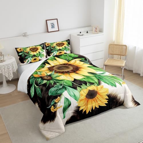 Erosebridal Sunflower Decor Bedding Comforter Sets Cowhide Bedding Full Size Cow Print Comforter Set for Toddler, Sunflower Gifts for Women Bedding Farmhouse Fall Decor Down Comforter for Youth Teens - Image 4