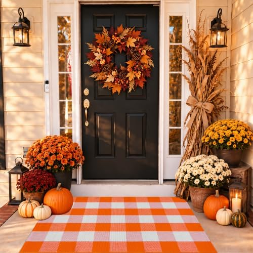 Orange and White Plaid Rug, 3' x 5' Fall Front Door Decor Mat, Cotton Washable Hand-Woven Door Mat for Layered Doormat, Autumn Halloween Thanksgiving Carpet for Porch, Entryway - Image 4
