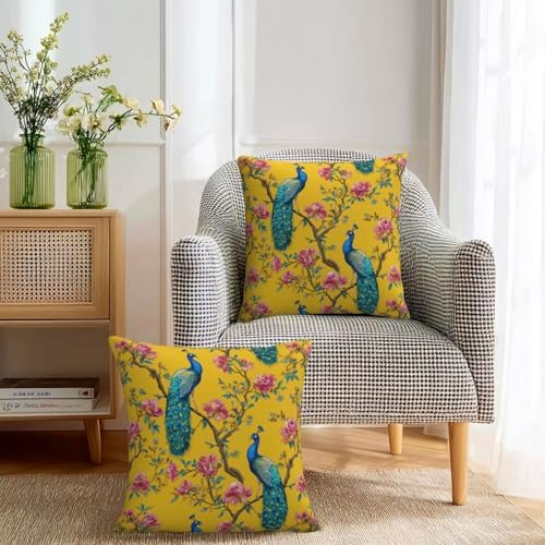 KiuLoam Chinoiserie Peacock Pillow Covers 24x24 Inch Set of 2, Vintage Floral Bird Yellow Decorative Throw Pillows, Rustic Farmhouse Outdoor Square Cushion Cases for Sofa Couch Bed Home Decor - Image 3