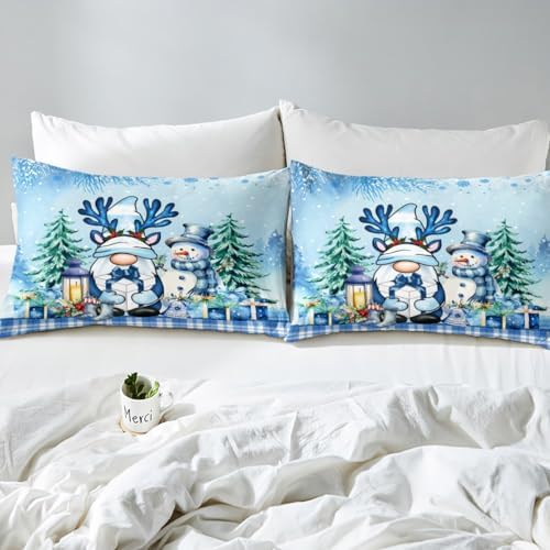 Merry Christmas Kids Duvet Cover Set Twin Size,Cartoon Santa Claus Snowman Snowflake Bedding Set,Girls Boys Adults Room Decor,Geometric Grids Pine Comforter Cover,Blue Cute Quilt Cover,1 Pillowcase - Image 5