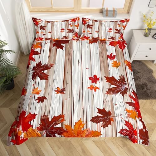 Maple Leaf Kids Duvet Cover Set Queen Size,Fall Plants Autumn Bedding Set,Girls Boys Adults Room/Cabin Decor,Old Wooden Plank Vintage Comforter Cover,Orange Retro Quilt Cover,2 Pillowcases - Image 4