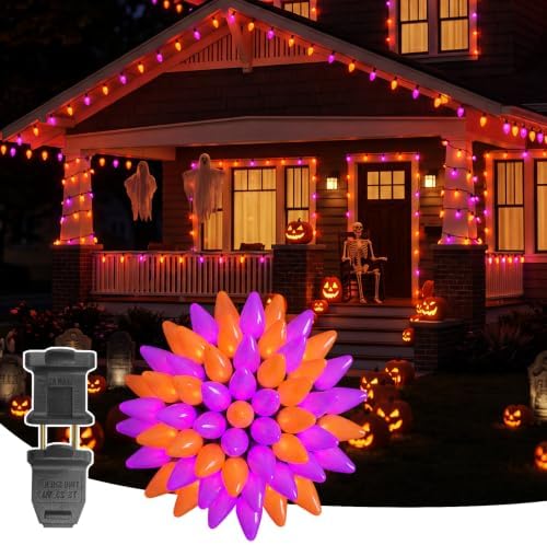 C9 Halloween Lights Outdoor, 32ft LED Purple Orange String Lights by Hcorusun