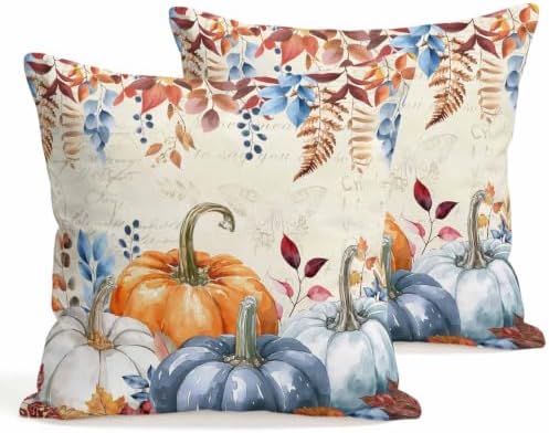 JasmineM Farmhouse Orange Blue Pumpkin Pillow Covers 18x18 Inch Set of 2, Thanksgiving Autumn Decorations Indoor Outdoor Throw Pillows, Orange Blue Linen Pillowcases for Patio Sofa Couch Bedroom by JasmineM